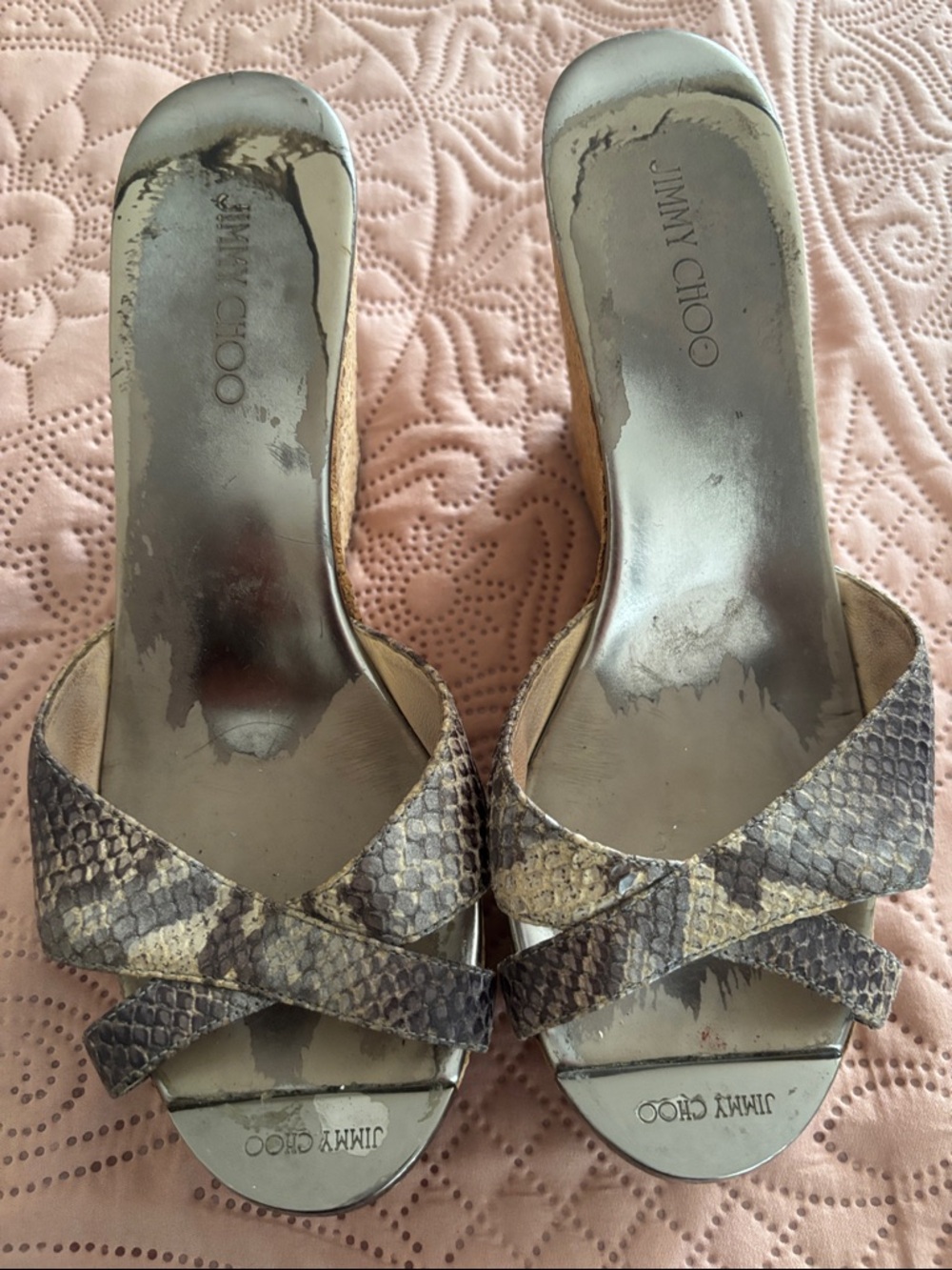 Jimmy Choo Metallic Silver and Brown Snake-Print Slide Mules